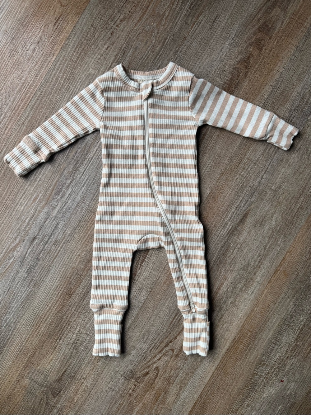 Beige & White Striped Double Zip-Up Baby Footie